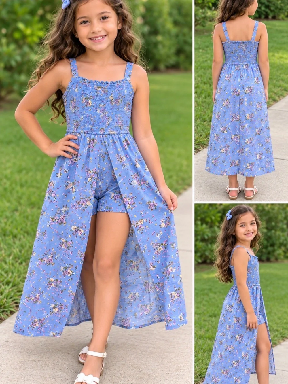 art class Blue Floral Smocked High-Low Romper